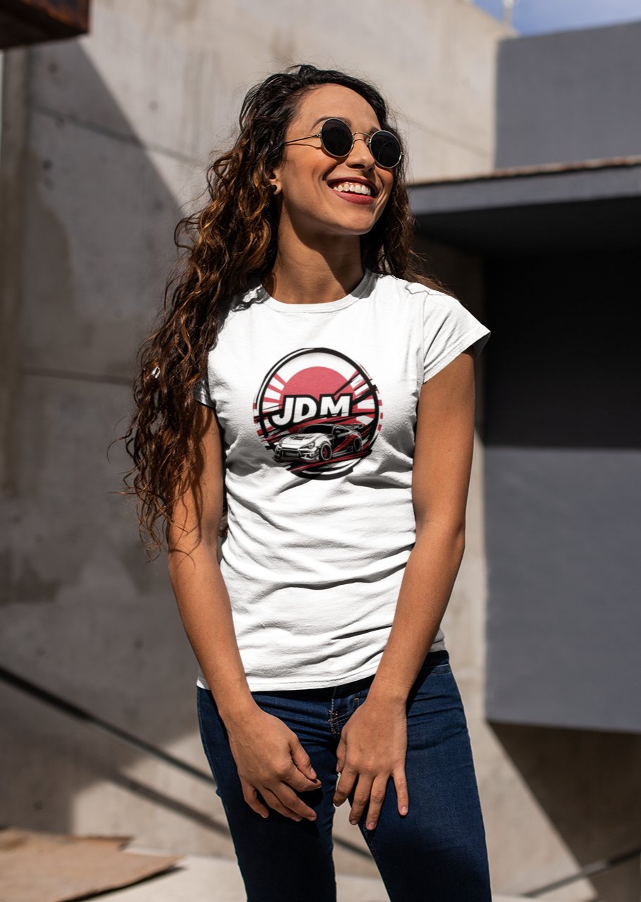 young woman wearing a jdm shirt