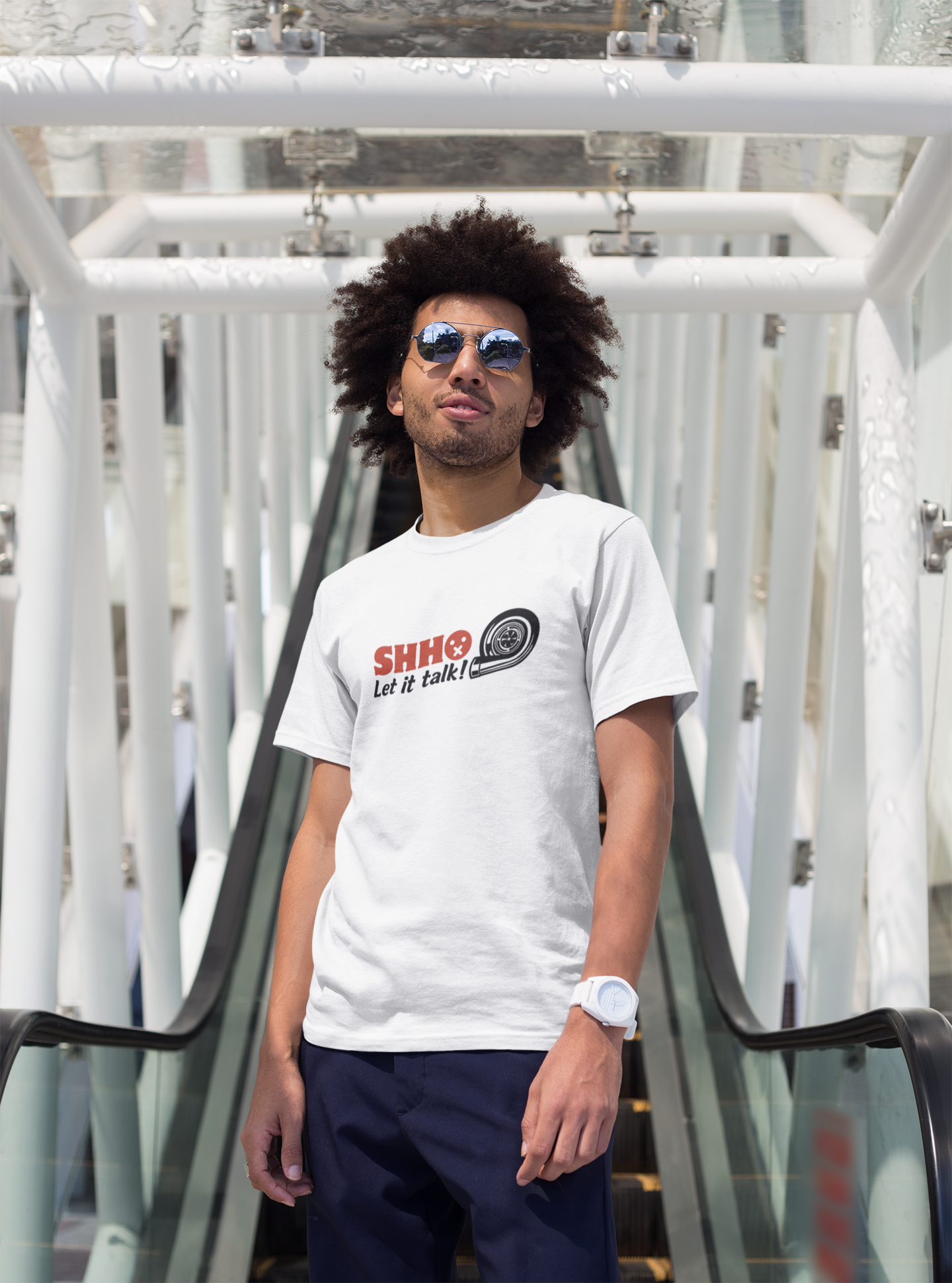 White t-shirt featuring a vibrant turbo graphic on the front, displayed on a clean, white background, perfect for JDM enthusiasts and performance car fans.